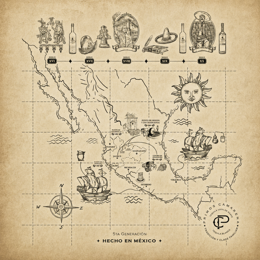 Mapa ilustrado de la ruta histórica del agave y Clase 33, cinco siglos de tradición