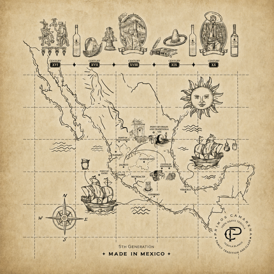 Illustrated map of the historic agave route and Clase 33, five centuries of tradition